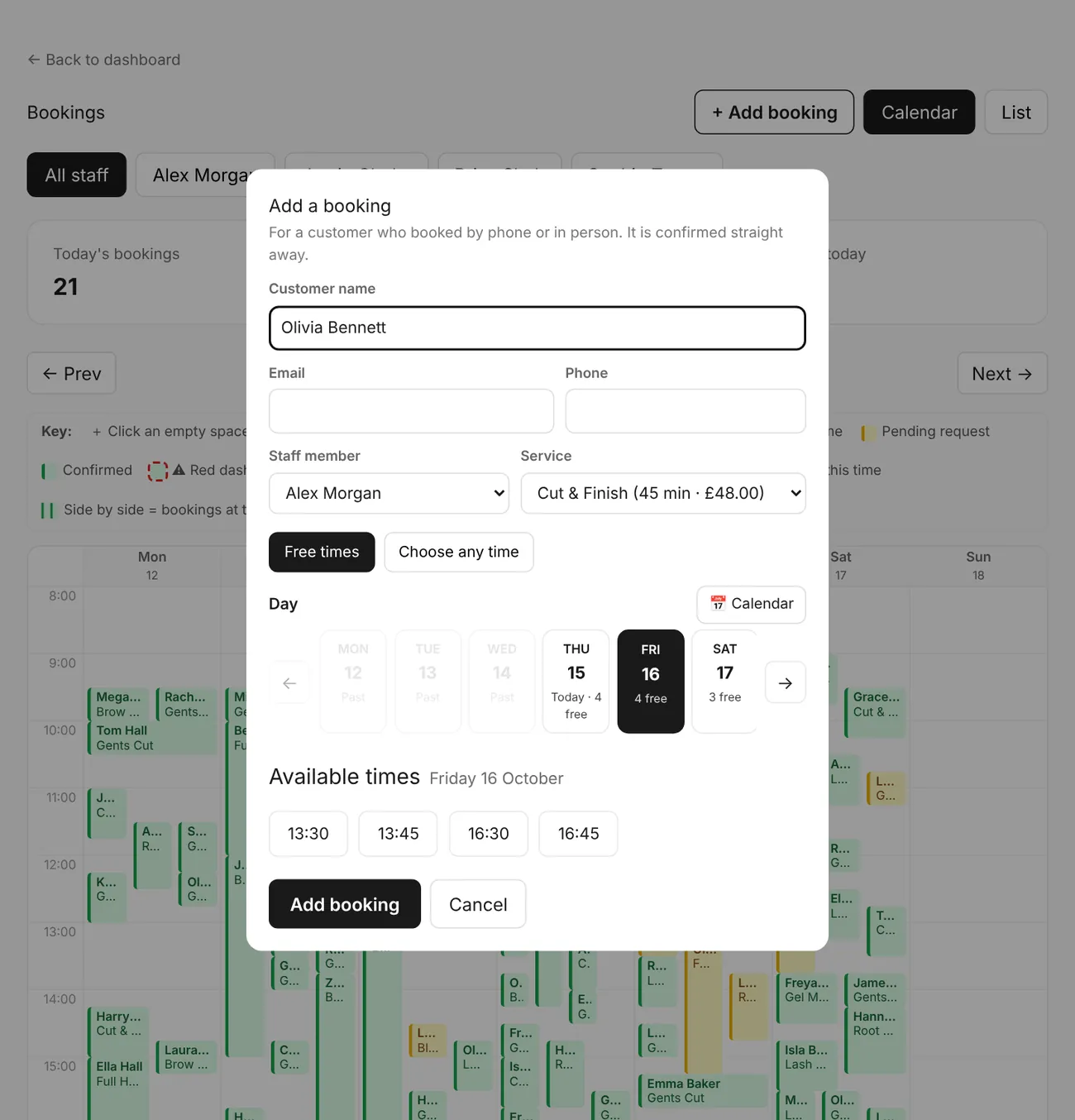 Add a phone booking in seconds — a free slot or any time you choose.