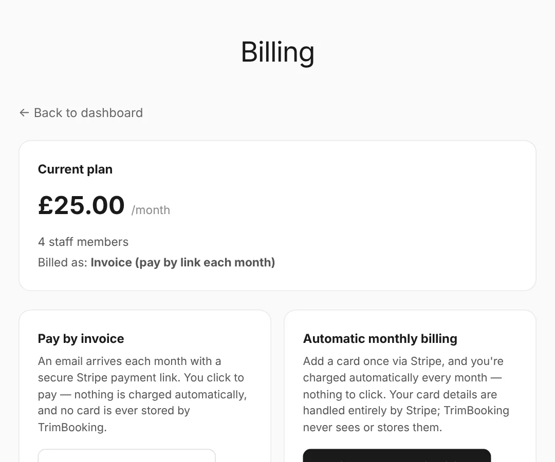 Billing: your plan, and a choice of pay-by-invoice or automatic monthly billing.