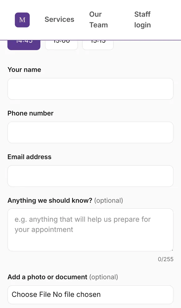 Then their name, phone, email and an optional note.