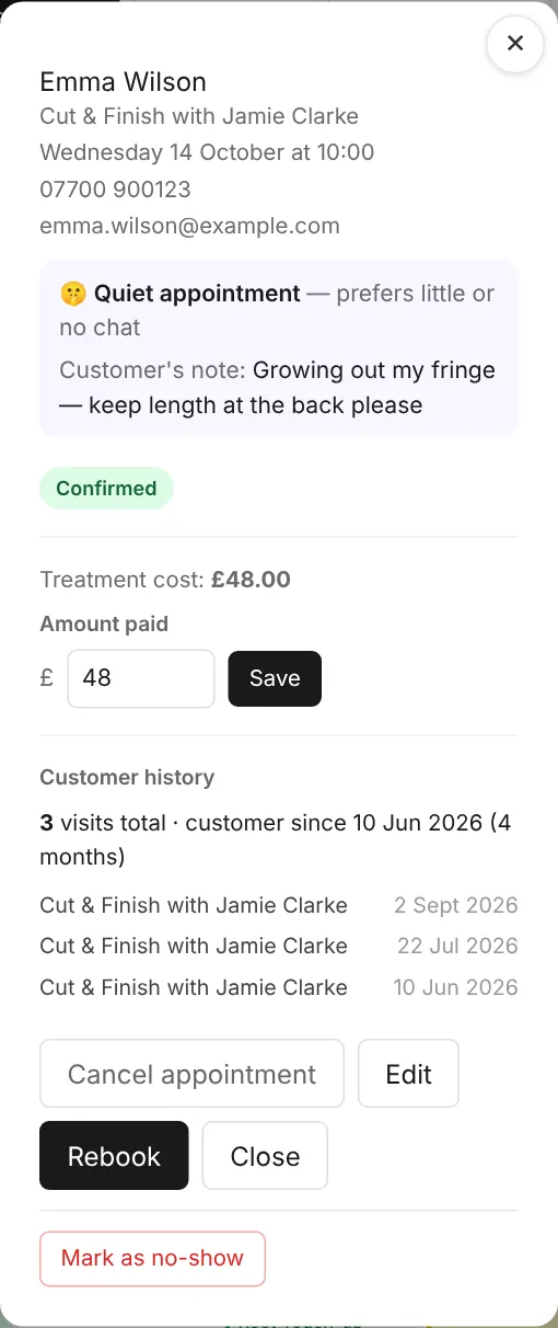 A booking's details: the customer's note and quiet-appointment request, status, price and what was paid.
