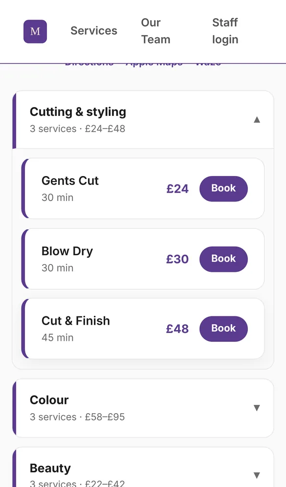 Tap a category to see its services, then Book.