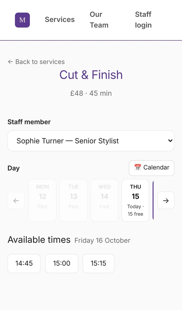 Choose a staff member (or anyone available), a day and a time.