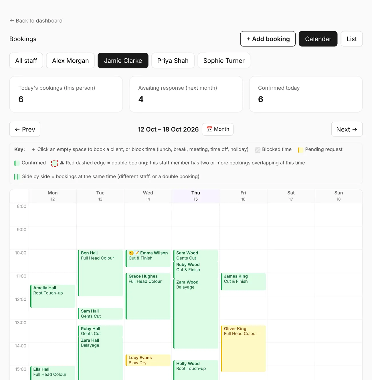 The Bookings calendar, for everyone or one person at a time.