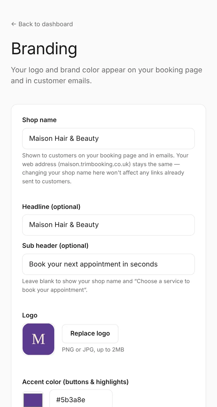 Branding: shop name, headline, logo, colours and font, with a live preview.