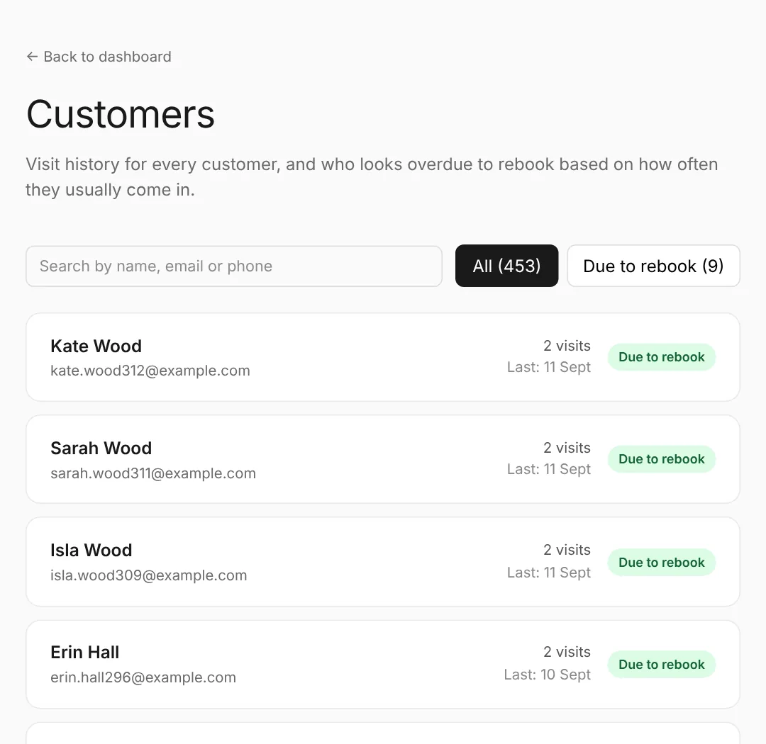 Customers: visit history and who's due to rebook.