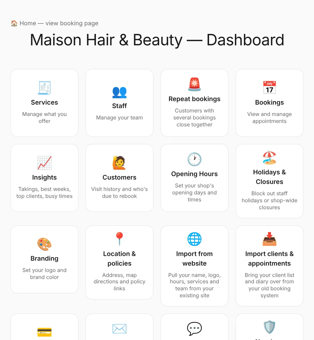 Your dashboard — every part of your shop one tap away.