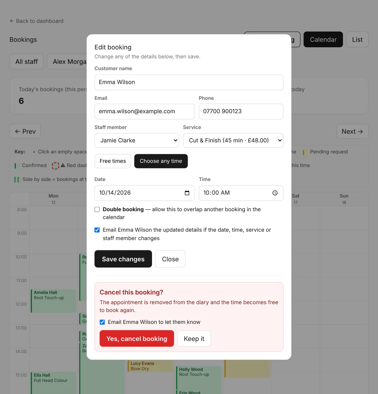 Edit booking, with the Cancel booking confirmation open at the bottom.