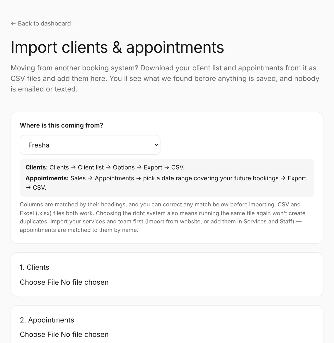 Import clients & appointments: choose where you're moving from, then add your client and appointment files.