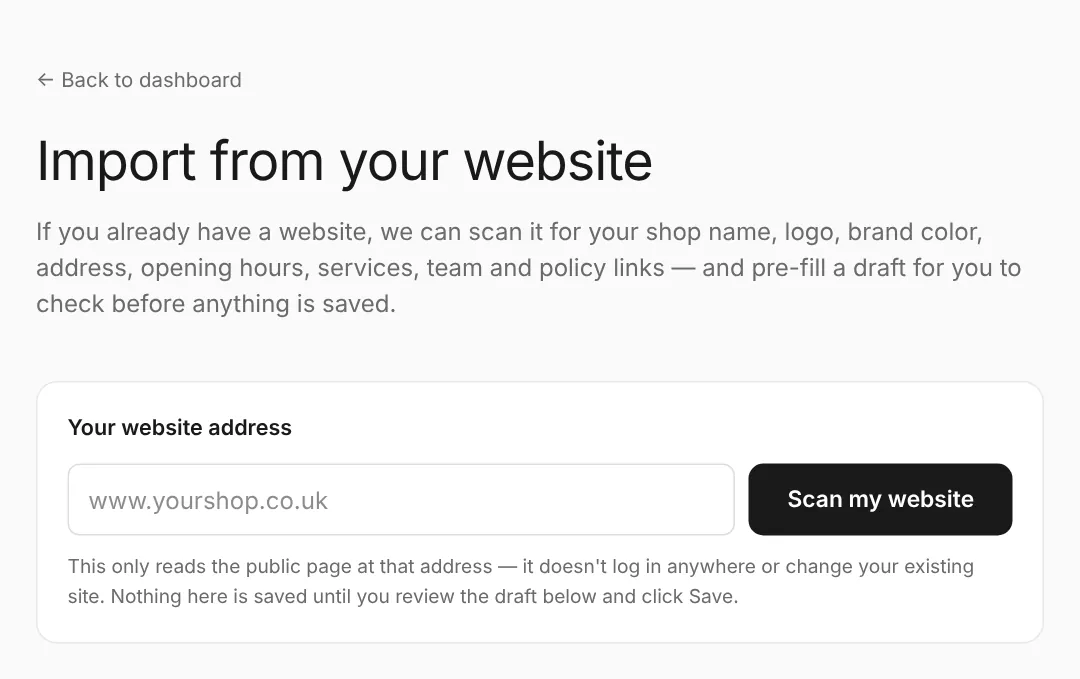Import from website: enter your current site's address and press Scan my website.