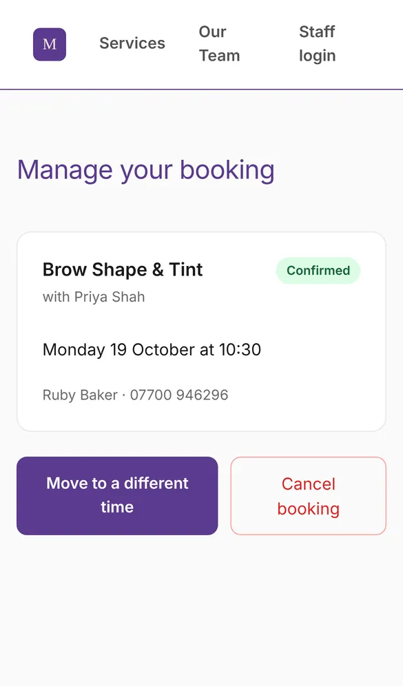The customer's own link: move the booking to a different time, or cancel it.