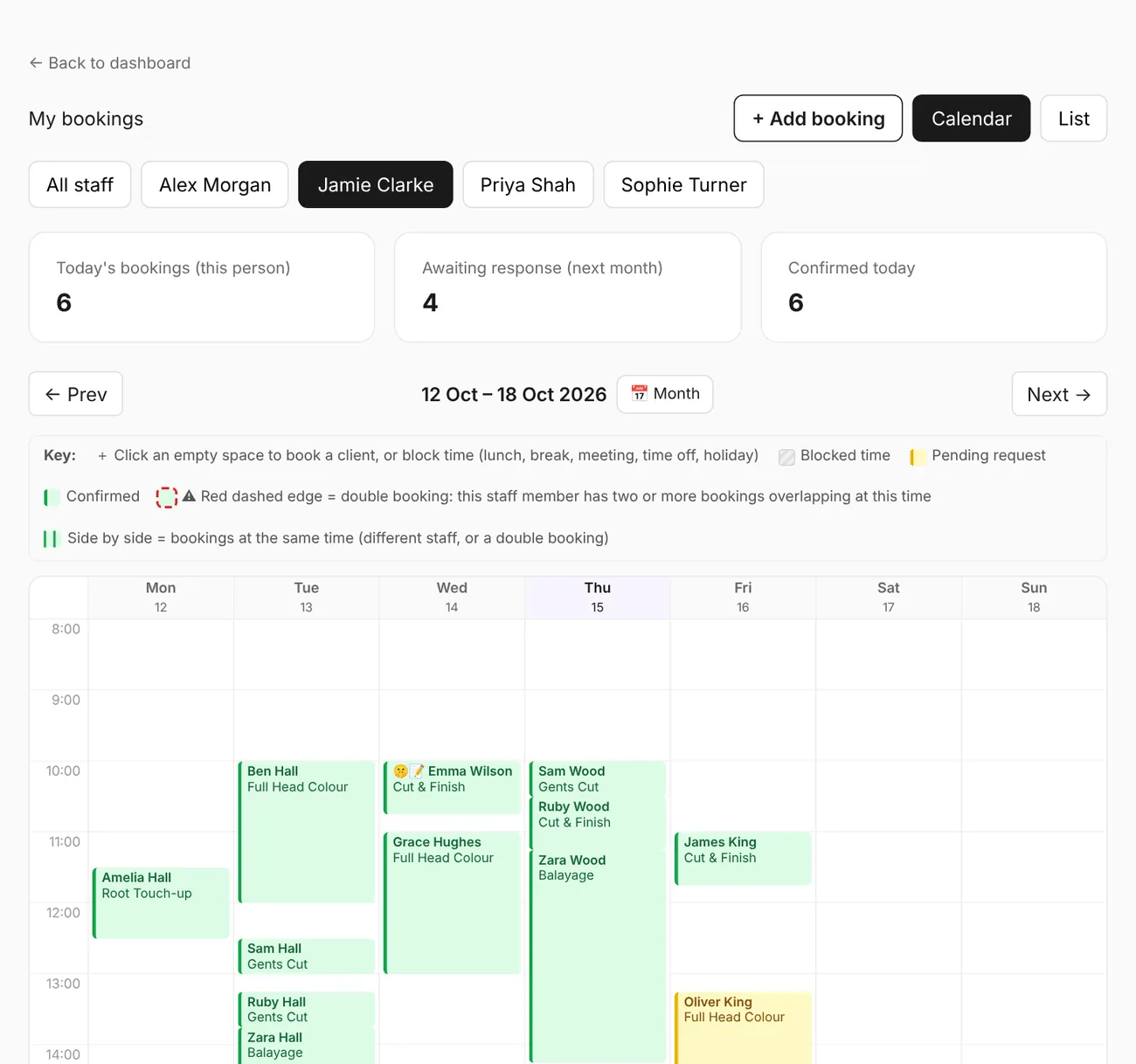 My bookings: the Bookings calendar, filtered to the person logged in.