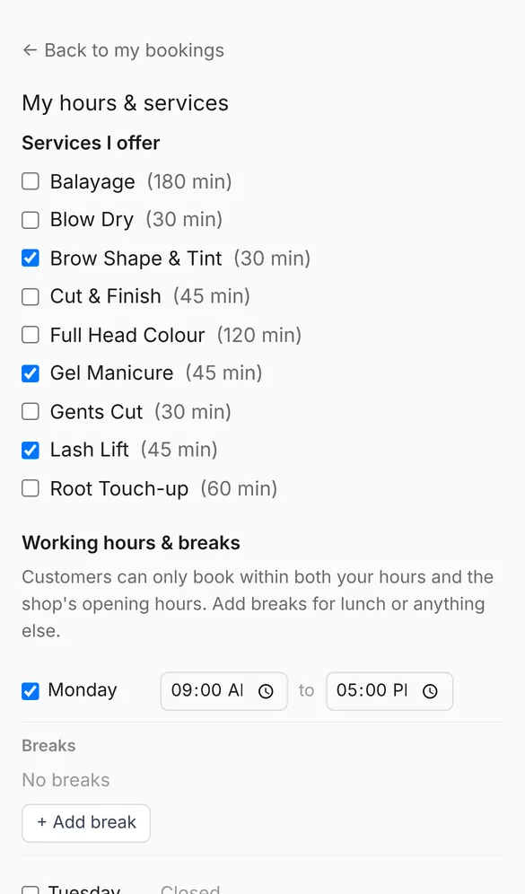 My hours & services in the staff portal: tick the services they offer, then set working hours and breaks for each day.