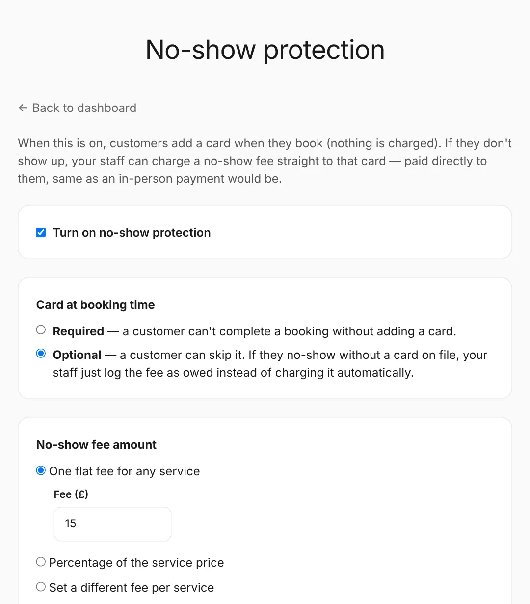 No-show protection: turn it on, choose whether a card is required, and set the fee.