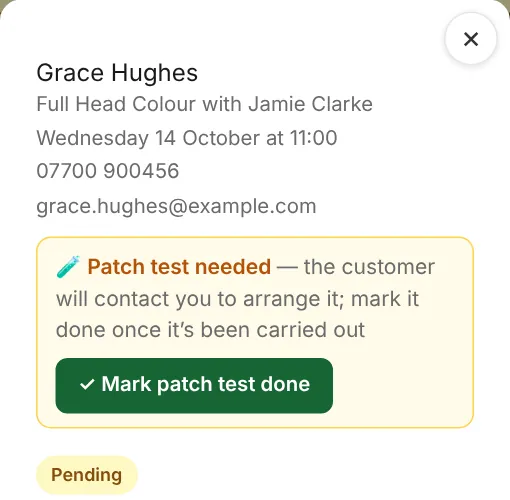 On the booking: you or any staff member taps Mark patch test done.