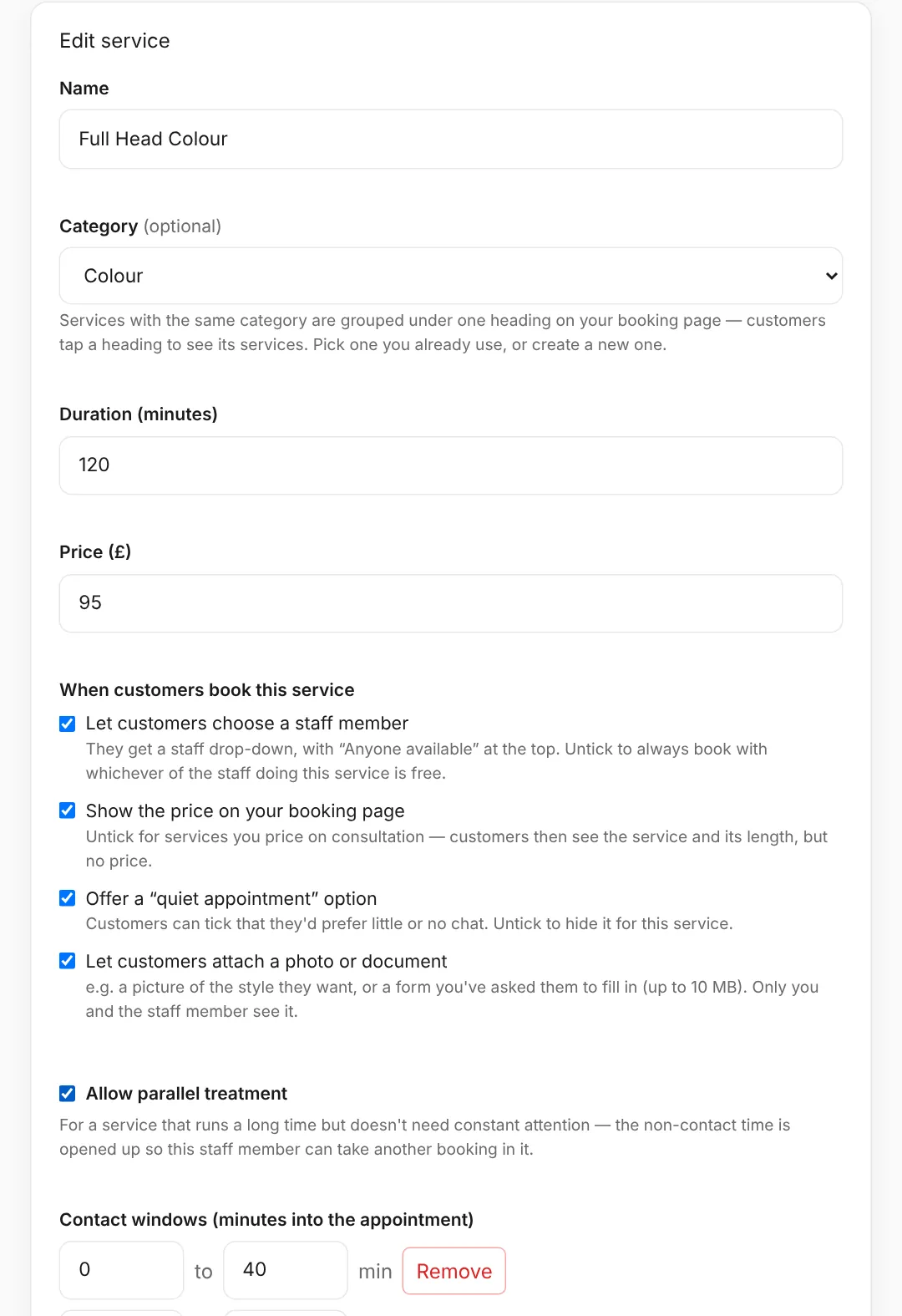 Editing a service: name, category, duration and price, the booking switches, and parallel treatment with its contact windows.