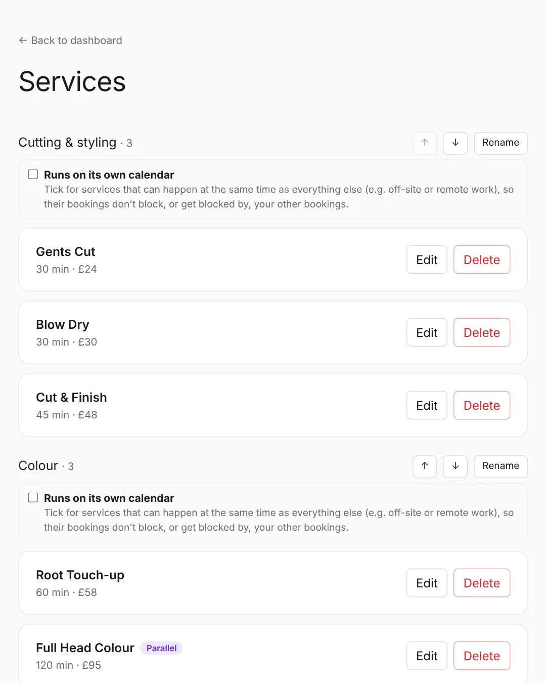 The Services page, grouped by category. Use ↑ ↓ to order the categories and Rename to rename one.