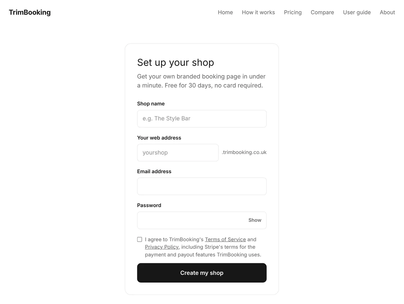 The sign-up form: your shop name, web address, email and password.