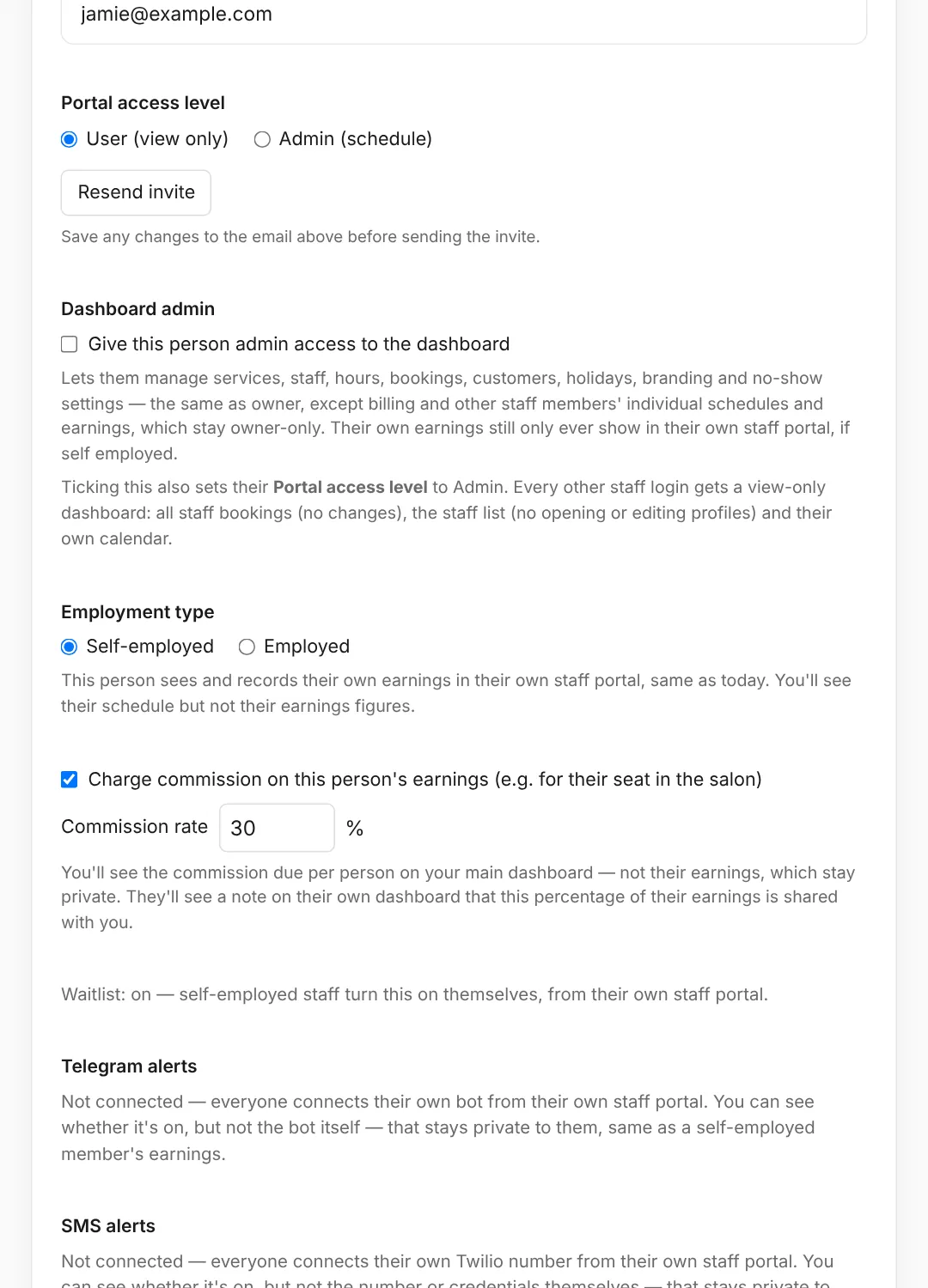 Further down the profile: portal access level, the dashboard admin tick-box, employment type and commission. Only the owner can change these.