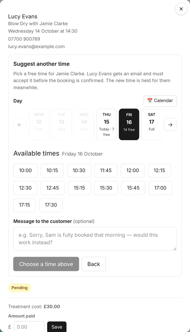 Suggest another time: pick a day and a free time, and add a message for the customer.