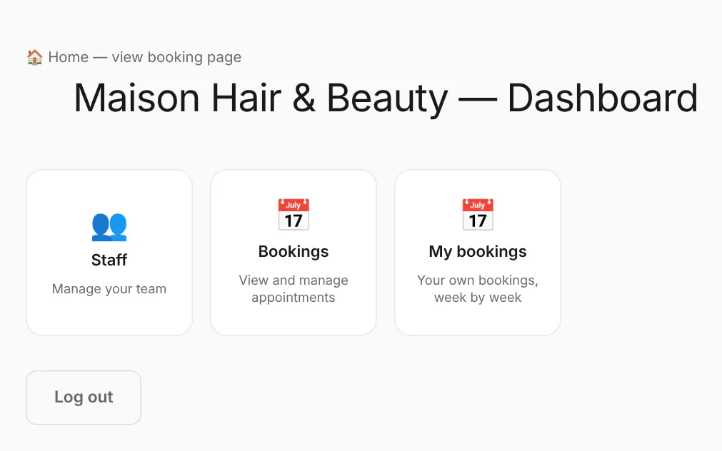 A staff member's view-only dashboard: Staff, Bookings and My bookings.